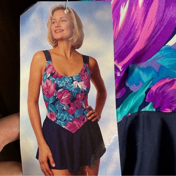 Vintage NWT Vibrant Blue and Purple One Piece Skirt Swimwear with Floral Design - Picture 3 of 8